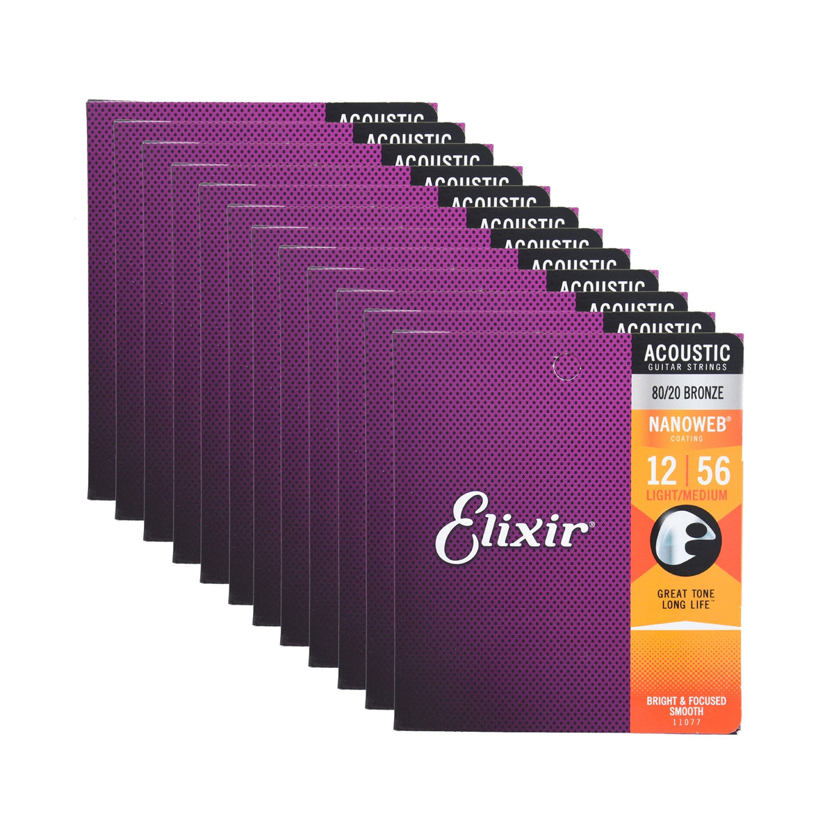 Elixir 11077 Acoustic 80/20 Bronze Nanoweb Light-Medium 12-56 12 Pack Bundle Accessories / Strings / Guitar Strings