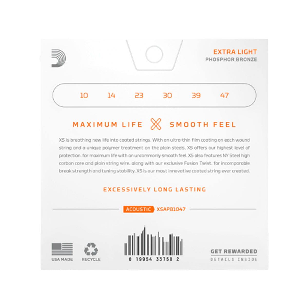 D'Addario XS Coated Acoustic Phosphor Bronze Extra Light 10-47 Acoustic Guitars / 12-String