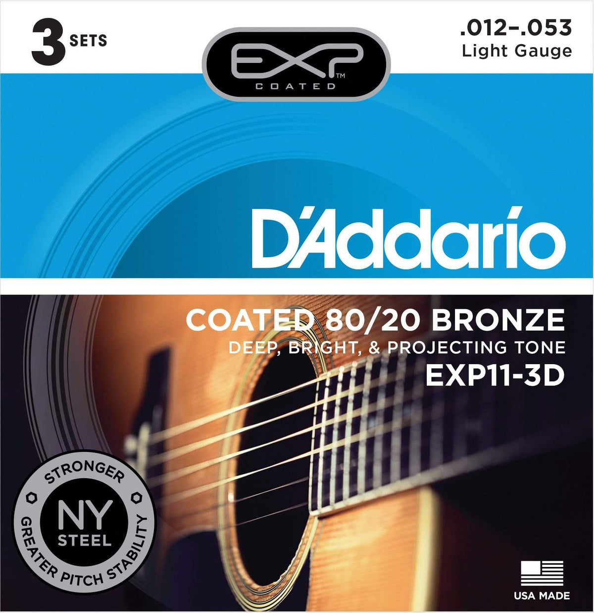 D'Addario EXP11-3D Acoustic Strings Coated 80/20 Bronze 12-53 Light 3-Pack Accessories / Strings / Guitar Strings
