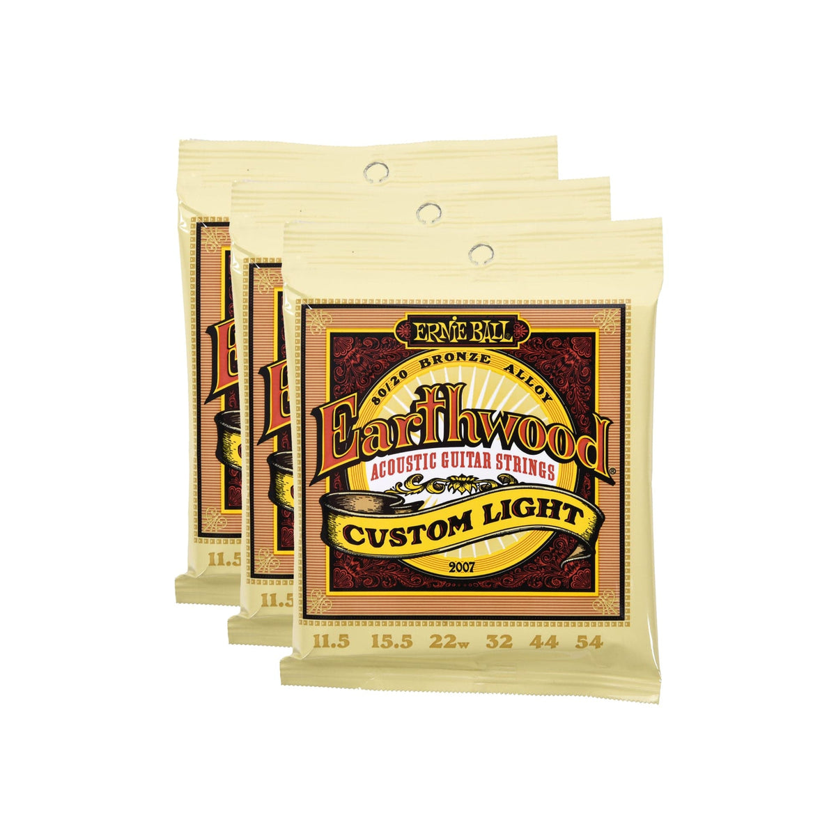 Ernie Ball Earthwood Custom Light Acoustic Strings 80/20 Bronze 11.5-54 3 Pack Bundle Accessories / Strings / Guitar Strings
