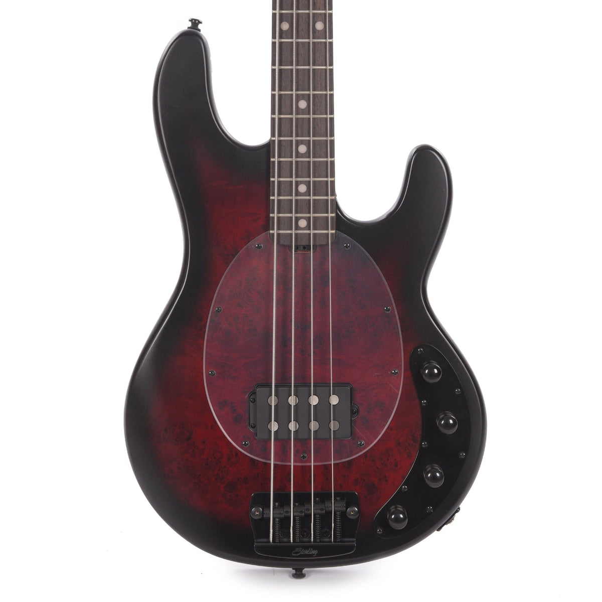 Sterling by Music Man StingRay RAY34 Poplar Burl Dark Scarlet Burst Satin Bass Guitars / 4-String