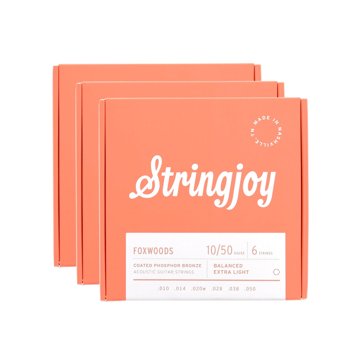 Stringjoy Foxwoods Acoustic Coated Phosphor Bronze Extra Light Gauge 10-50 3 Pack Bundle Accessories / Strings / Guitar Strings